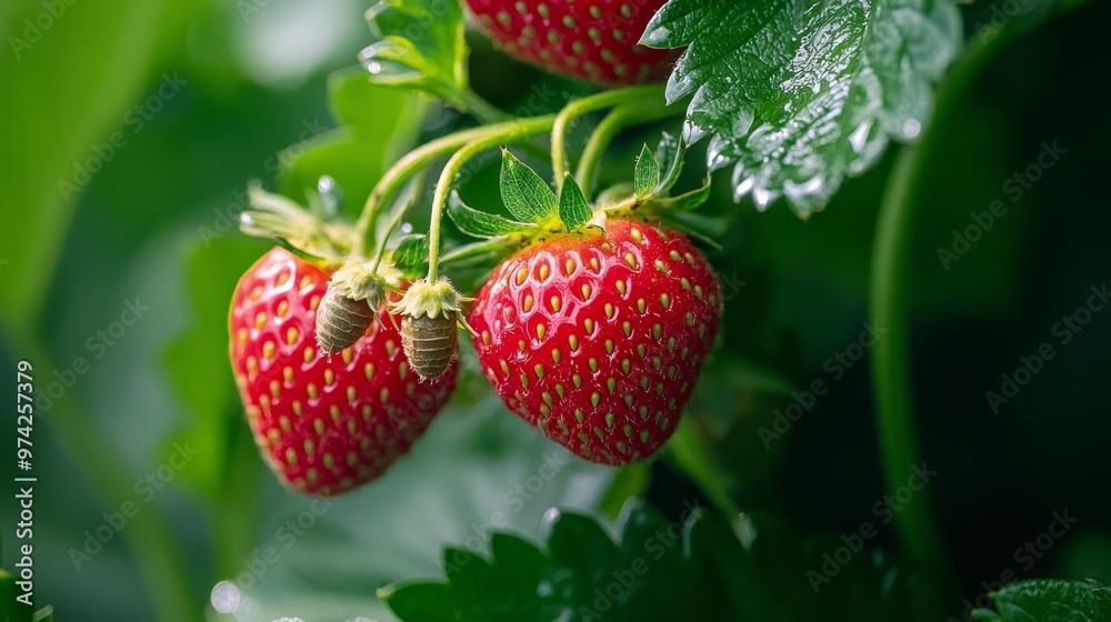  A tight shot of three strawberries against a backdrop of lush green leaves, with dewdrops glistening atop them