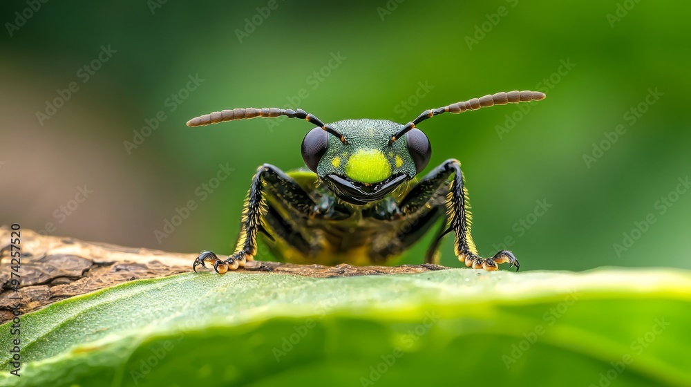  A tight shot of a green insect on a leaf against softly blurred green foliage background