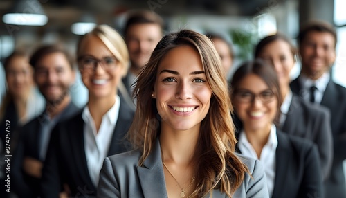 Diverse group of smiling business professionals with a confident young businesswoman at the center, showcasing teamwork and collaboration in a corporate setting