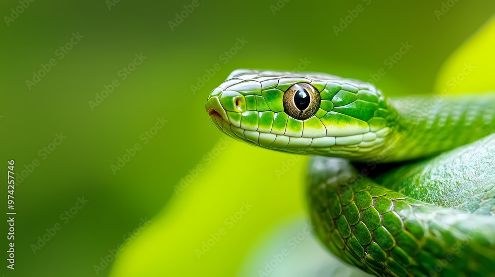 A tight shot of a green snake's head hovering above a lush green plant, background softly blurred A tight shot of a green snake's head hovering above a lush green plant, background softly blurred