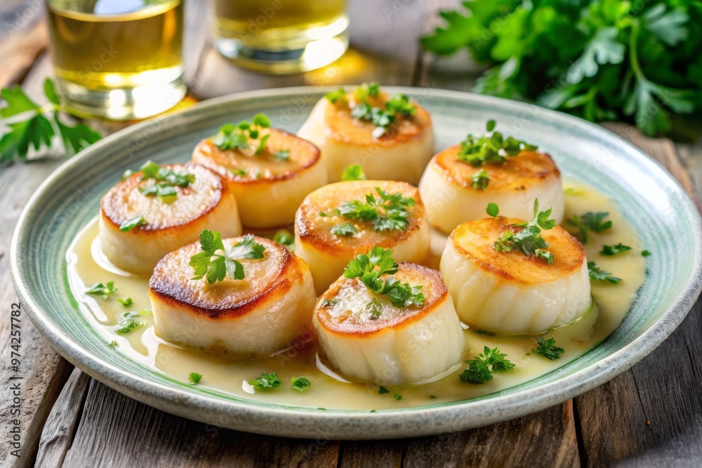 Succulent golden-brown scallops, seared to perfection, served on a bed of vibrant green parsley, surrounded by a