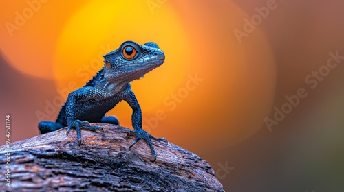  A tight shot of a lizard perched on a tree limb against a hazy sunbackground photo