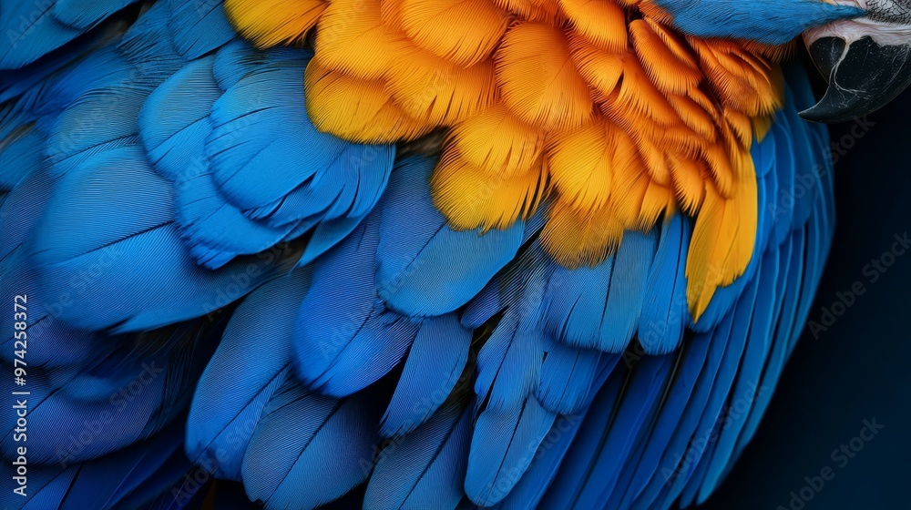 Obraz premium A tight shot of a multicolored parrot's vibrant feathers, beak agape, and eyes shut