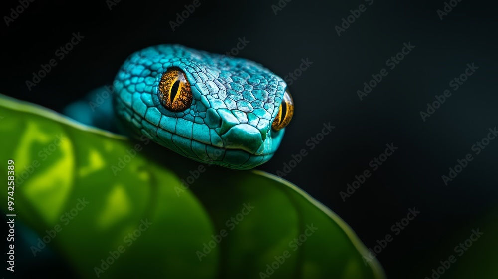 Fototapeta premium A tight shot of a blue snake atop a green leaf, sporting a yellow eyespot