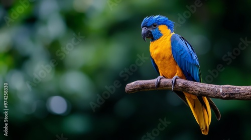  Blue-and-yellow bird perched on tree branch against a backdrop of green, leafy forest