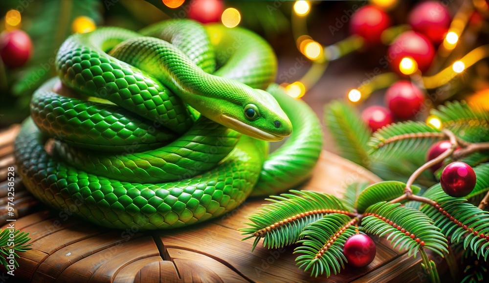 Beautiful green snake coiled on wooden surface surrounded by festive decorations Beautiful green snake coiled on wooden surface surrounded by festive decorations