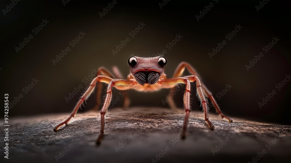 Naklejka premium A tight shot of a spider atop a weathered wood plank against a faintly blurred, black backdrop
