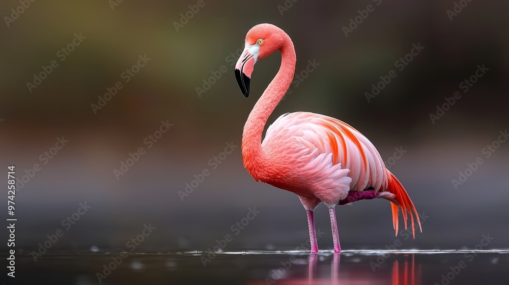 A pink flamingo wades in a body of water, with its head and legs submerged A pink flamingo wades in a body of water, with its head and legs submerged