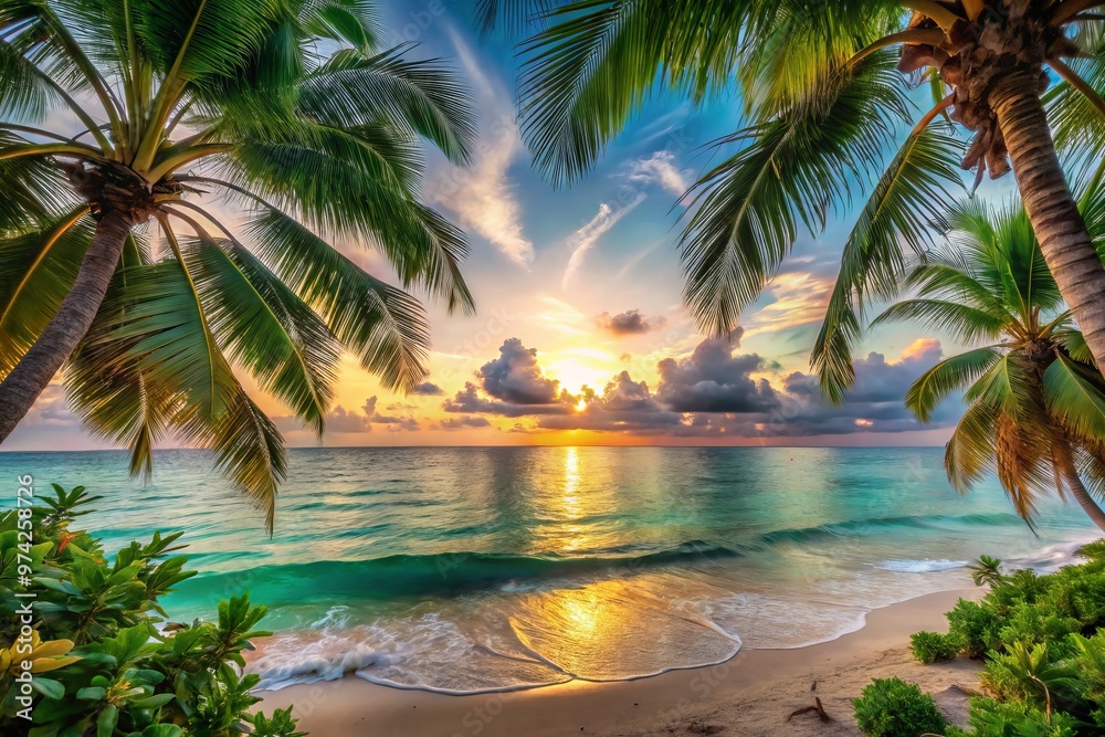 Fototapeta premium Swaying palm trees and lush greenery border a serene turquoise ocean beach with powdery white sand and scattered