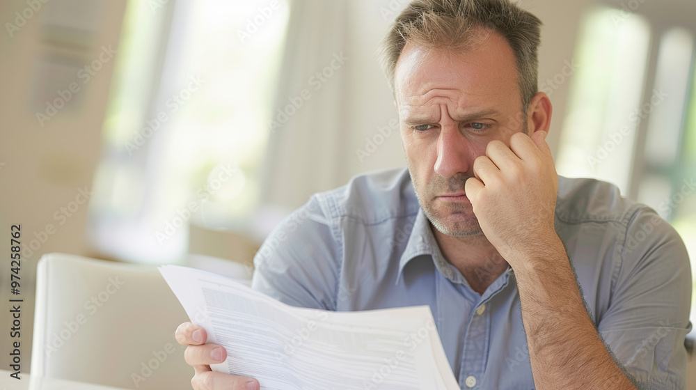 Man sitting at desk with concerned expression, holding stack of papers symbolizing financial stress and national debt, emphasizing personal and economic challenges. Man sitting at desk with concerned expression, holding stack of papers symbolizing financial stress and national debt, emphasizing personal and economic challenges.