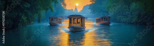 A quiet morning on the river, with old wooden boats floating past, amidst lush green trees and distant pagodas. photo