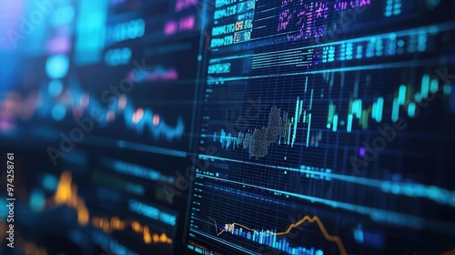 High-tech analytics dashboard displaying dynamic data visualizations and stock market trends in vibrant colors.