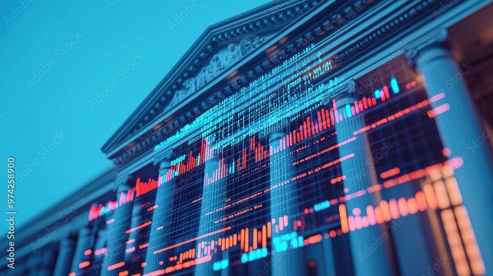 Fototapeta premium A captivating view of a financial institution with vibrant data visualization representing market trends and investments.