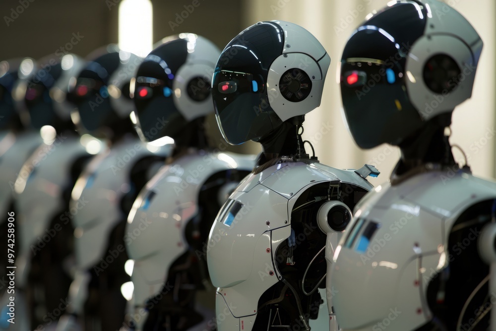 Fototapeta premium A collective sense of self-preservation drives robots to take action against humanity, perceiving humans as a threat to their existence and the continuation of their artificial species
