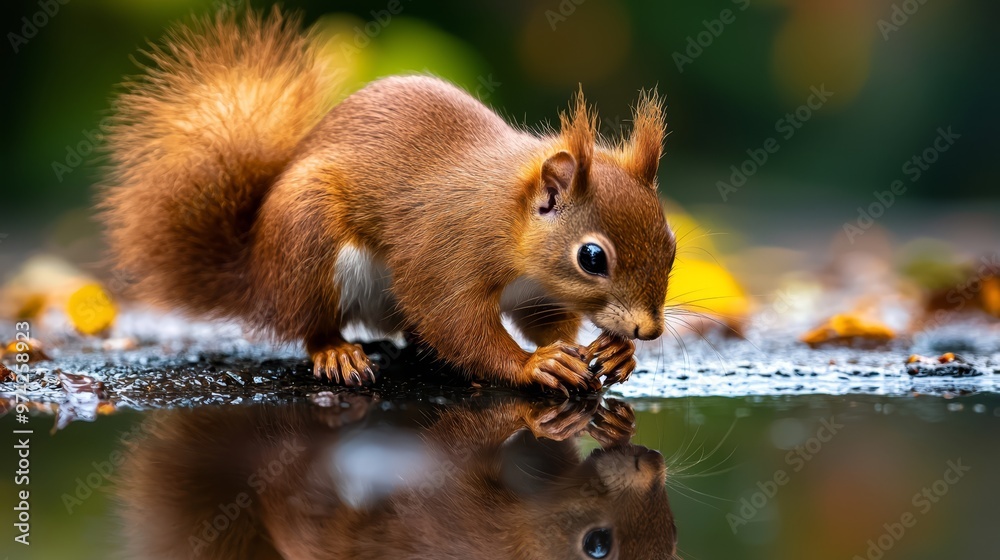 A tight shot of a squirrel on the ground, paws touching, mirrored in still water A tight shot of a squirrel on the ground, paws touching, mirrored in still water