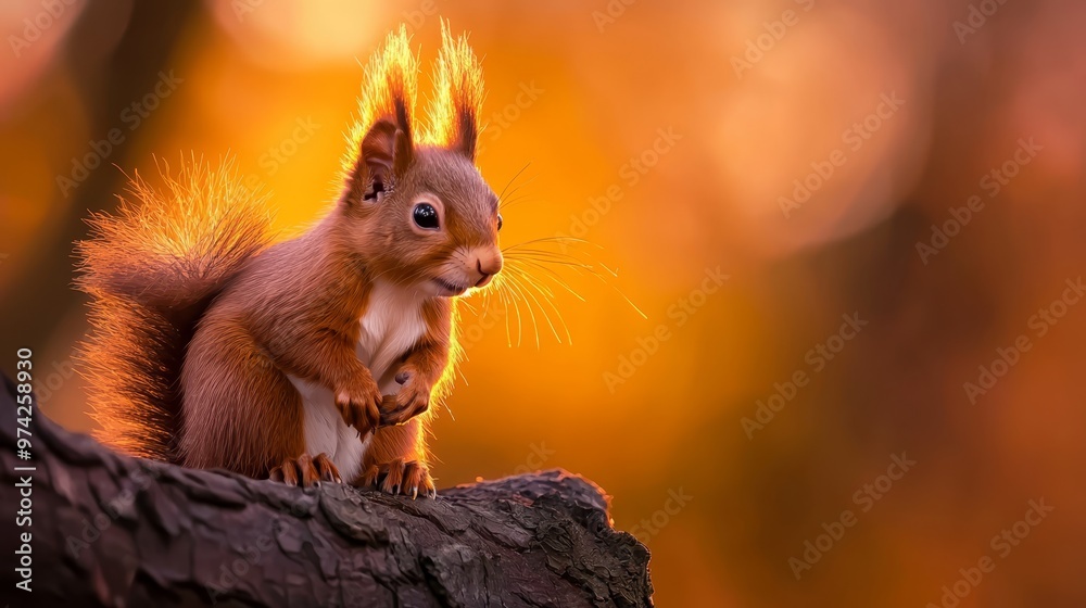 A tight shot of a squirrel on a tree limb against a hazy backdrop of trees and foliage A tight shot of a squirrel on a tree limb against a hazy backdrop of trees and foliage