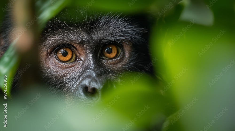 Fototapeta premium A monkey's face, peeking from behind a green leafy branch, contrasts with the softly blurred background