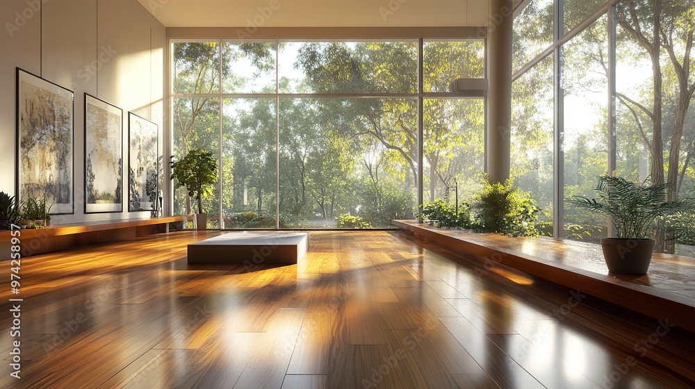 Spacious and bright architectural interior features fine textured wood floors with large glass window Spacious and bright architectural interior features fine textured wood floors with large glass window