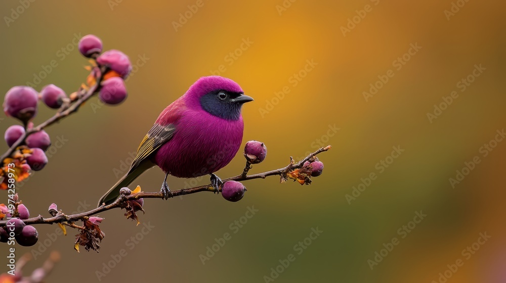 Fototapeta premium A small purple bird perched on a tree branch, surrounded by purple flowers; background softly blurred