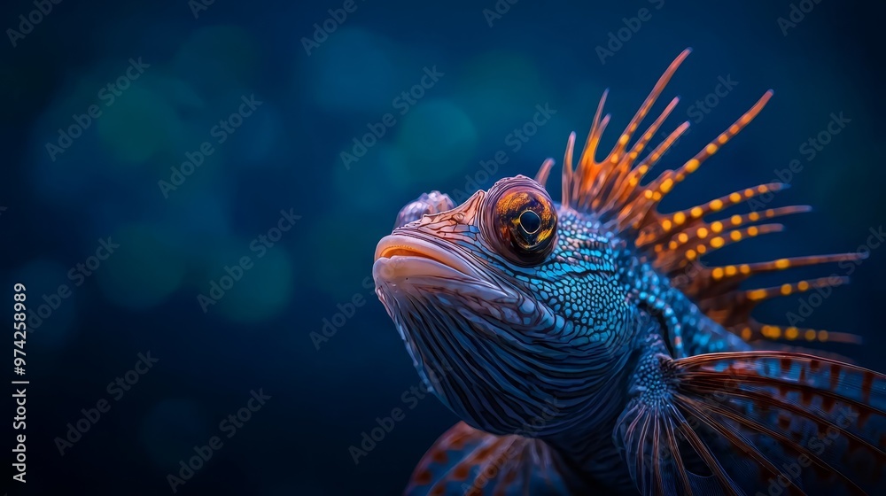 A detailed view of a blue-orange fish against a softly blurred background, with a clear blue sky above A detailed view of a blue-orange fish against a softly blurred background, with a clear blue sky above