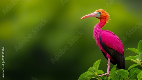  A pink-and-black bird perches atop a lush, green tree, its foliage densely covered in numerous green leaves