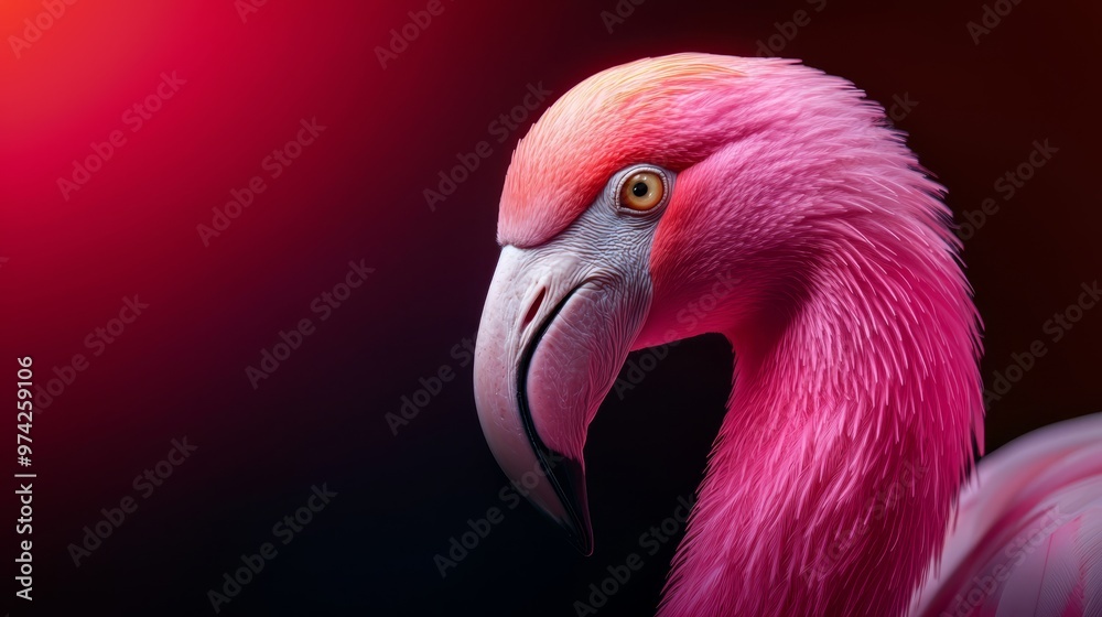 Fototapeta premium A pink flamingo's head and neck in close-up against a red and black background