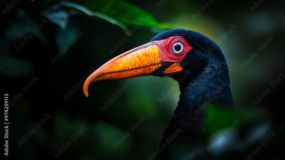 Fototapeta premium A tight shot of a black bird with a vibrant yellow beak against a backdrop of a red-orange beak and a verdant green leaf