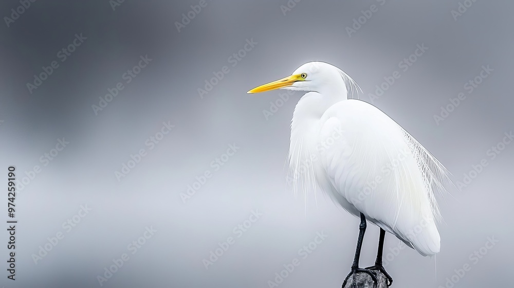 A white bird with a yellow beak stands atop a rock amidst a foggy, gray sky A white bird with a yellow beak stands atop a rock amidst a foggy, gray sky
