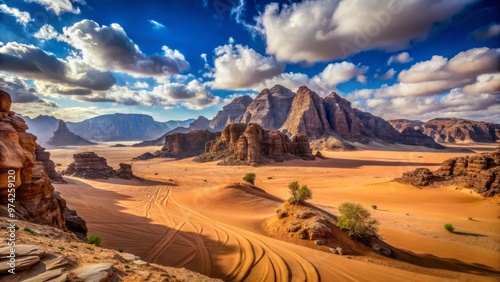 Sweeping sandy dunes meet bright blue sky in Wadi Rum, a breathtaking desert landscape in Jordan, with ancient