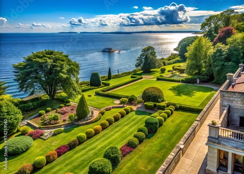 Sweeping views of Long Island Sound from Eolia Mansion's lawn, surrounded by lush gardens, tree-lined pathways, and photo