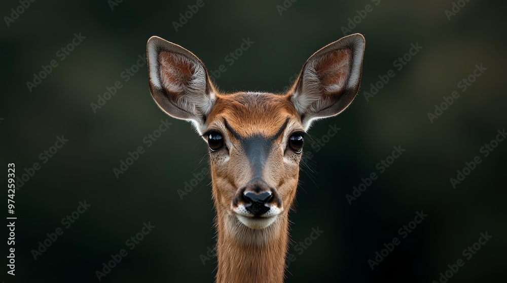 A deer's face, closely depicted, surrounded by a softly blurred backdrop of trees A deer's face, closely depicted, surrounded by a softly blurred backdrop of trees