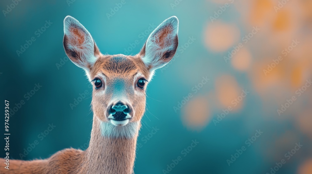  A deer's face, tightly framed, against a softly blurred background Blue sky beyond