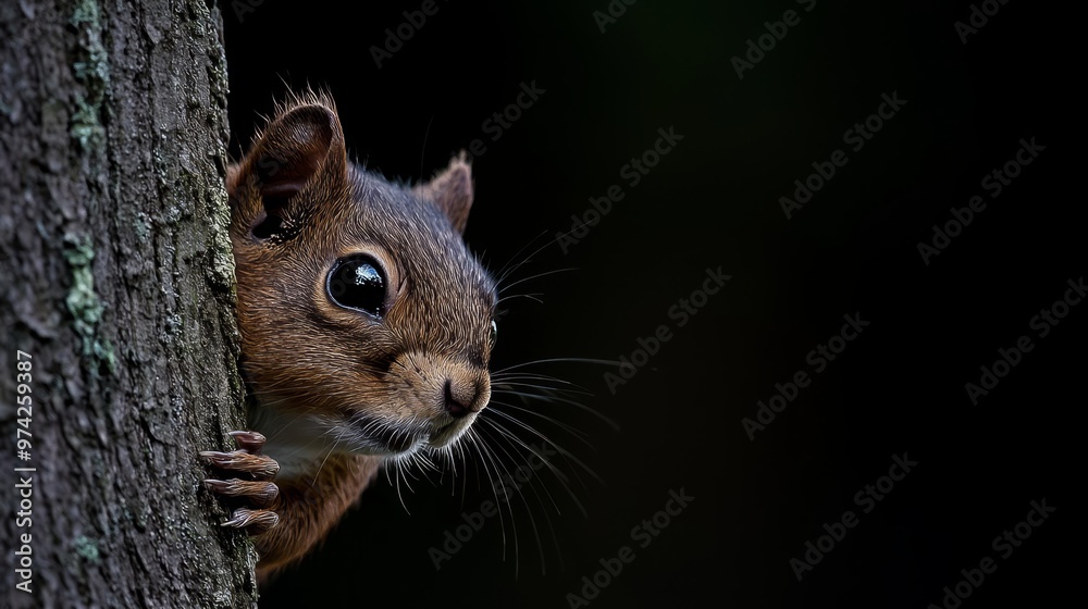 Fototapeta premium A tight shot of a squirrel's face emerging from tree bark against a black backdrop