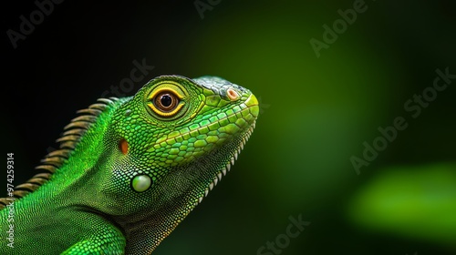  A tight shot of a green iguana perched on a branch against slightly blurred green foliage