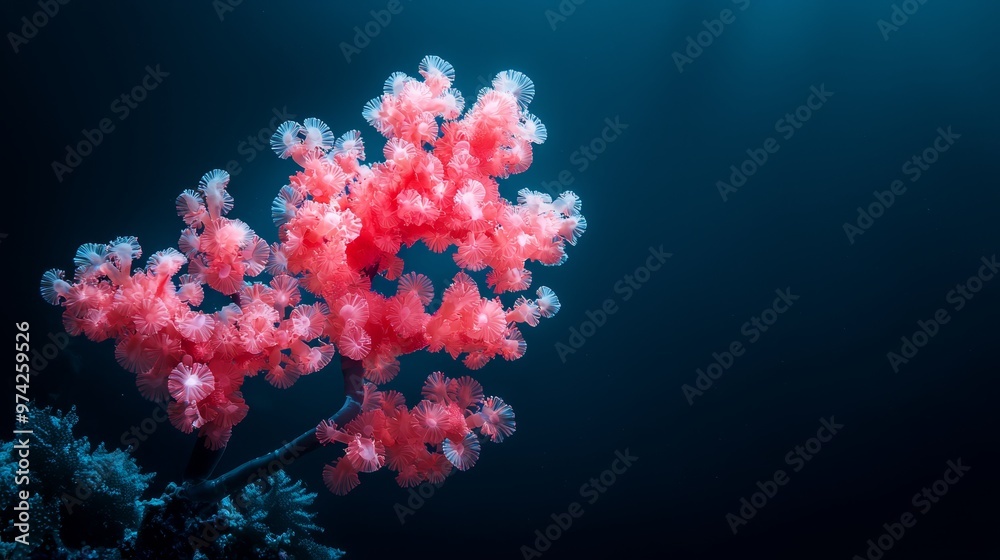 A red coral, closely framed against a black backdrop, features a foreground of blue water The lower half of the coral is prominently displayed A red coral, closely framed against a black backdrop, features a foreground of blue water The lower half of the coral is prominently displayed