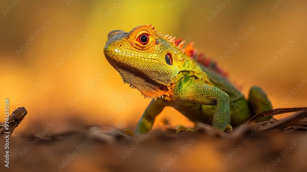 Fototapeta premium A close-up of a lizard on a branch with a blurred background behind it