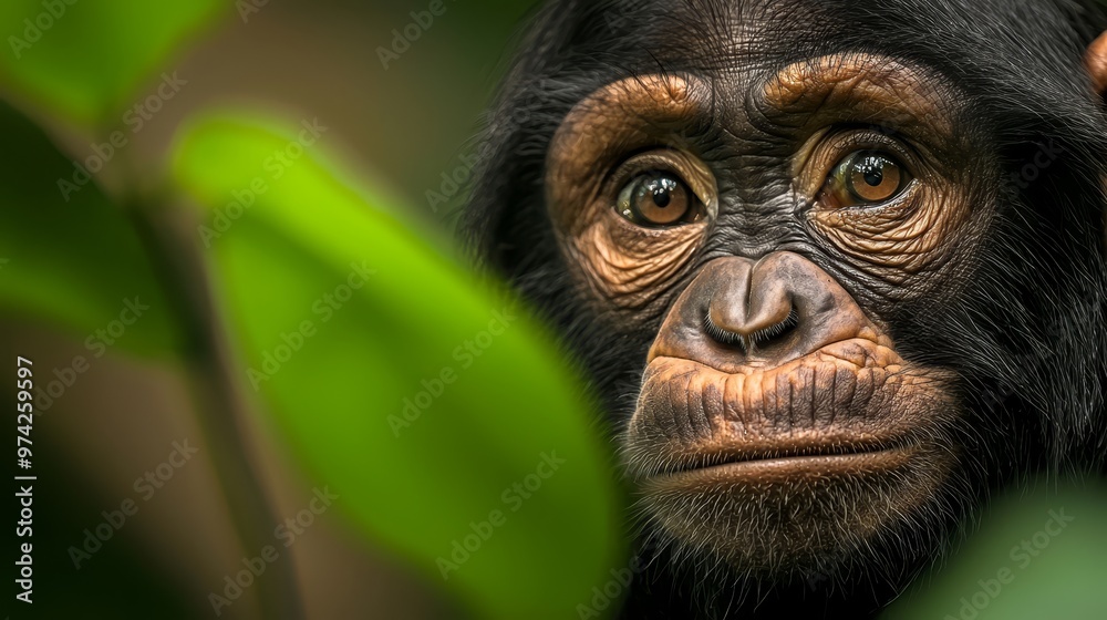 A monkey's face, tightly framed by green leaves, peeks out from a branch against a softly blurred background A monkey's face, tightly framed by green leaves, peeks out from a branch against a softly blurred background