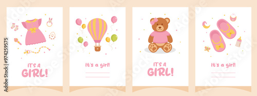 Baby shower set of cards, posters, invitations. It's a girl. Template for party invitations, posters, greeting cards, social media.