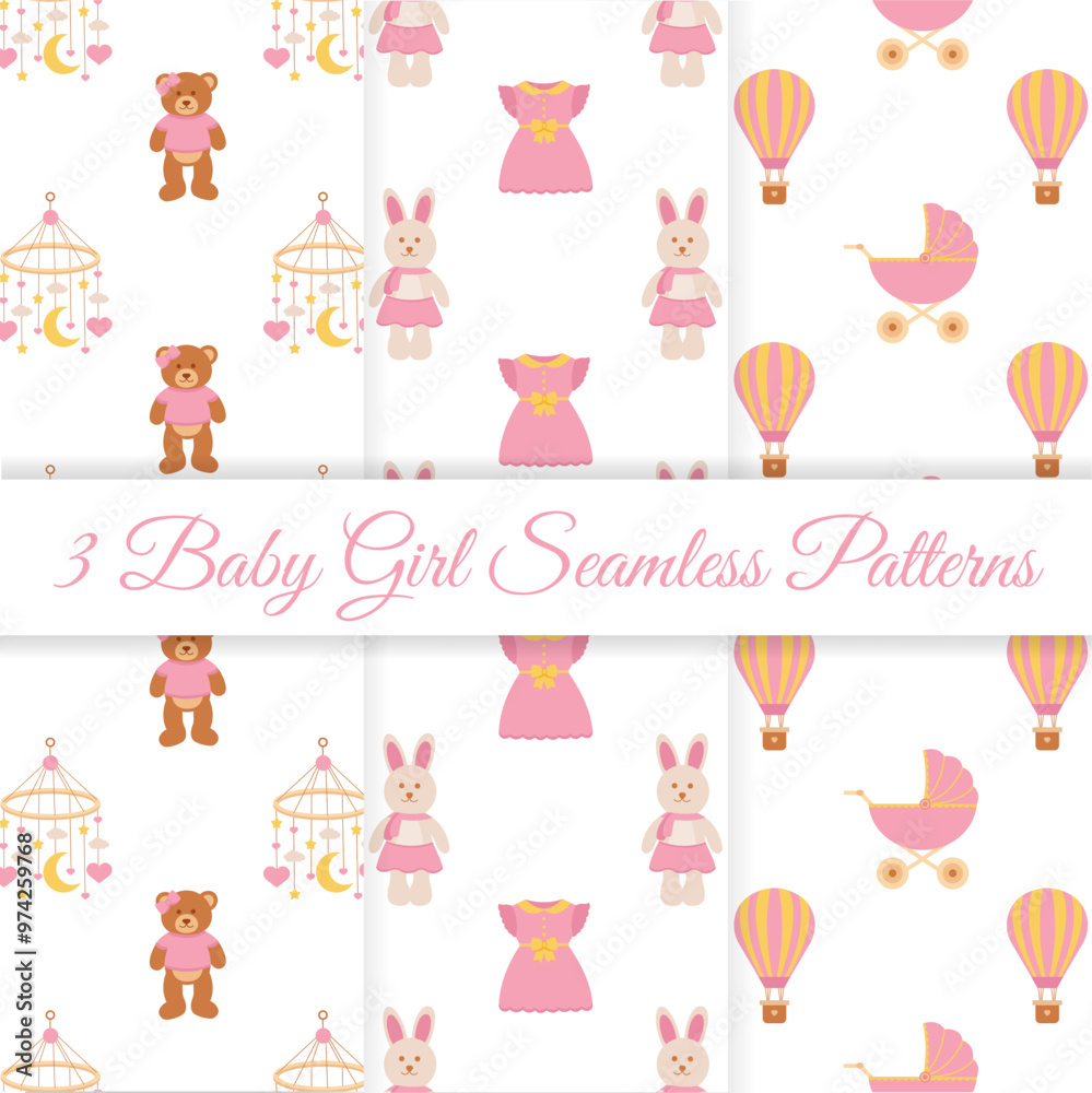 Fototapeta premium Baby shower set of seamless patterns. It's a girl. Seamless patterns with dress, baby bunny toy, air balloon, baby carriage, carousel pendant, teddy bear toy.