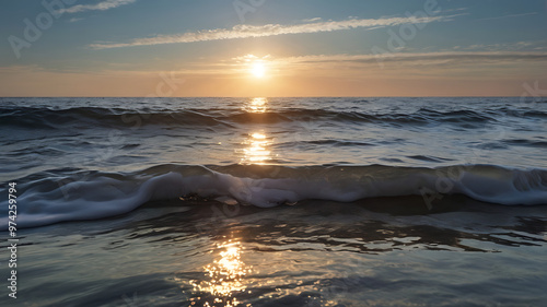 A tranquil coastal scene, with gentle waves rolling onto the shore – a scene that exudes serenity and natural beauty with partly cloudy skies and the warm glow of the rising or setting sun.