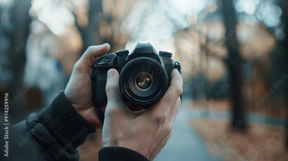 Man hand holding camera looking through the lens Man hand holding camera looking through the lens