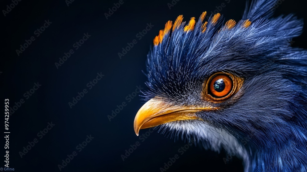 A tight shot of a bird's head adorned with a blue, yellow, and orange plume of feathers A tight shot of a bird's head adorned with a blue, yellow, and orange plume of feathers