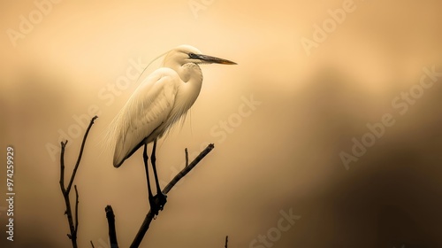  A large white bird perches on a tree branch against a foggy sky, browning and whitish photo