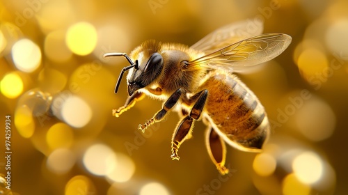  A tight shot of a bee in flight against a backdrop of softly blurred lights