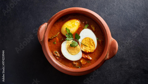 Delicious egg curry served in a clay pot  photo