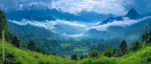 Mountains amidst verdant hills gradually fading into the misty horizon under a bright, cloudy sky.