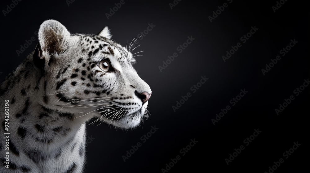 Obraz premium A black-and-white image of a snow leopard's face against a white snowy background