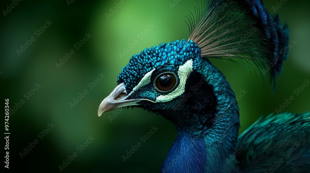 A tight shot of a peacock's head against a softly blurred background of green foliage A tight shot of a peacock's head against a softly blurred background of green foliage