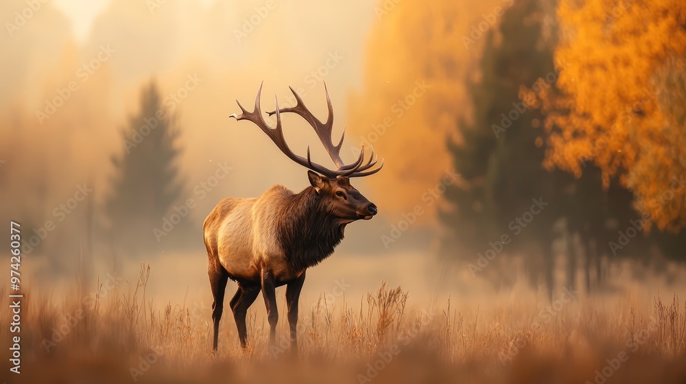 A large elk stands in a field, surrounded by tall grass Trees line the background A large elk stands in a field, surrounded by tall grass Trees line the background