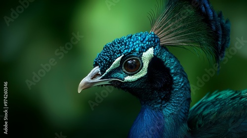  A tight shot of a peacock's head against a softly blurred background of green foliage